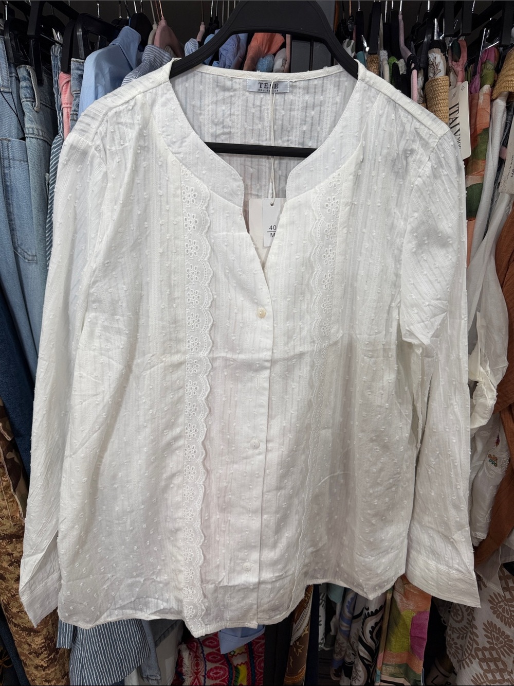 ShopEvelynne White Eyelet Lace-Trim Button Front Blouse